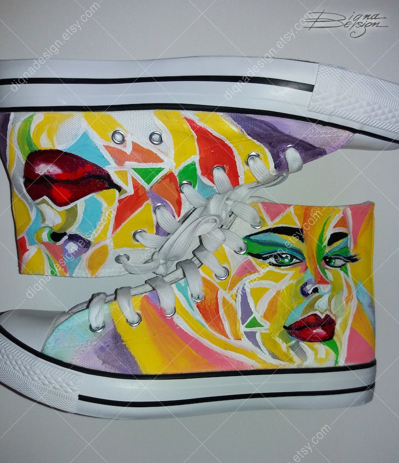 Pop-Art Shoes Pop Art Sneakers Painted Hi-Tops Polygonal Face Painted Face Hand Painted Sneakers Handpainted Hi Tops Geometric Face