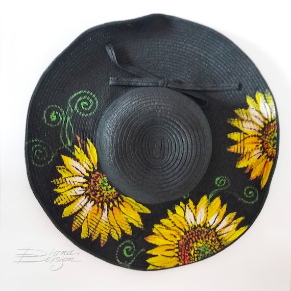 Hand-Painted Sunflower Black Hat Rancher Hat Custom Burned with Sunflowers - Black main image 4