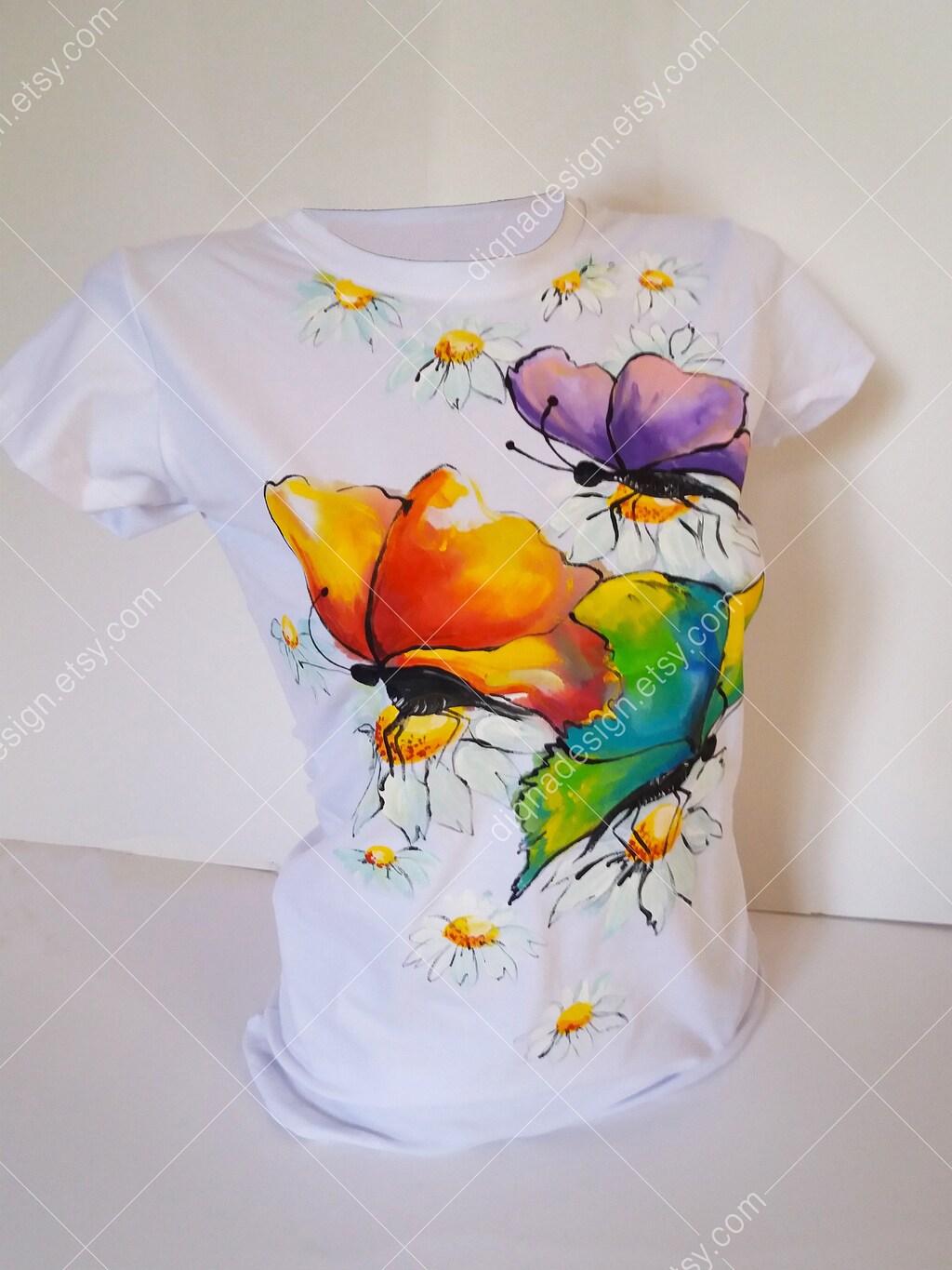 Maglietta Bianca Donna Manica Corta In Cotone Con Stampa Floreale Di Girasoli, Lavanda E Farfalle, Scollo Rotondo, Taglie Forti XS-5XL