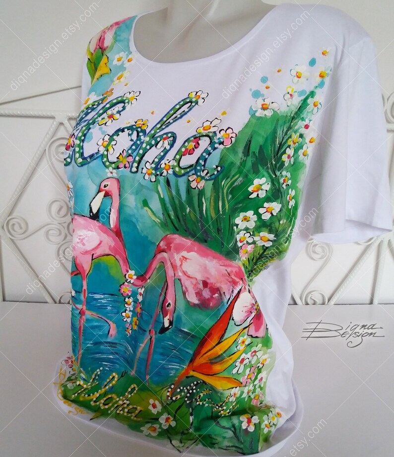 Tropical Blouse Handpainted Flamingo Blouse Aloha Tshirt - Etsy