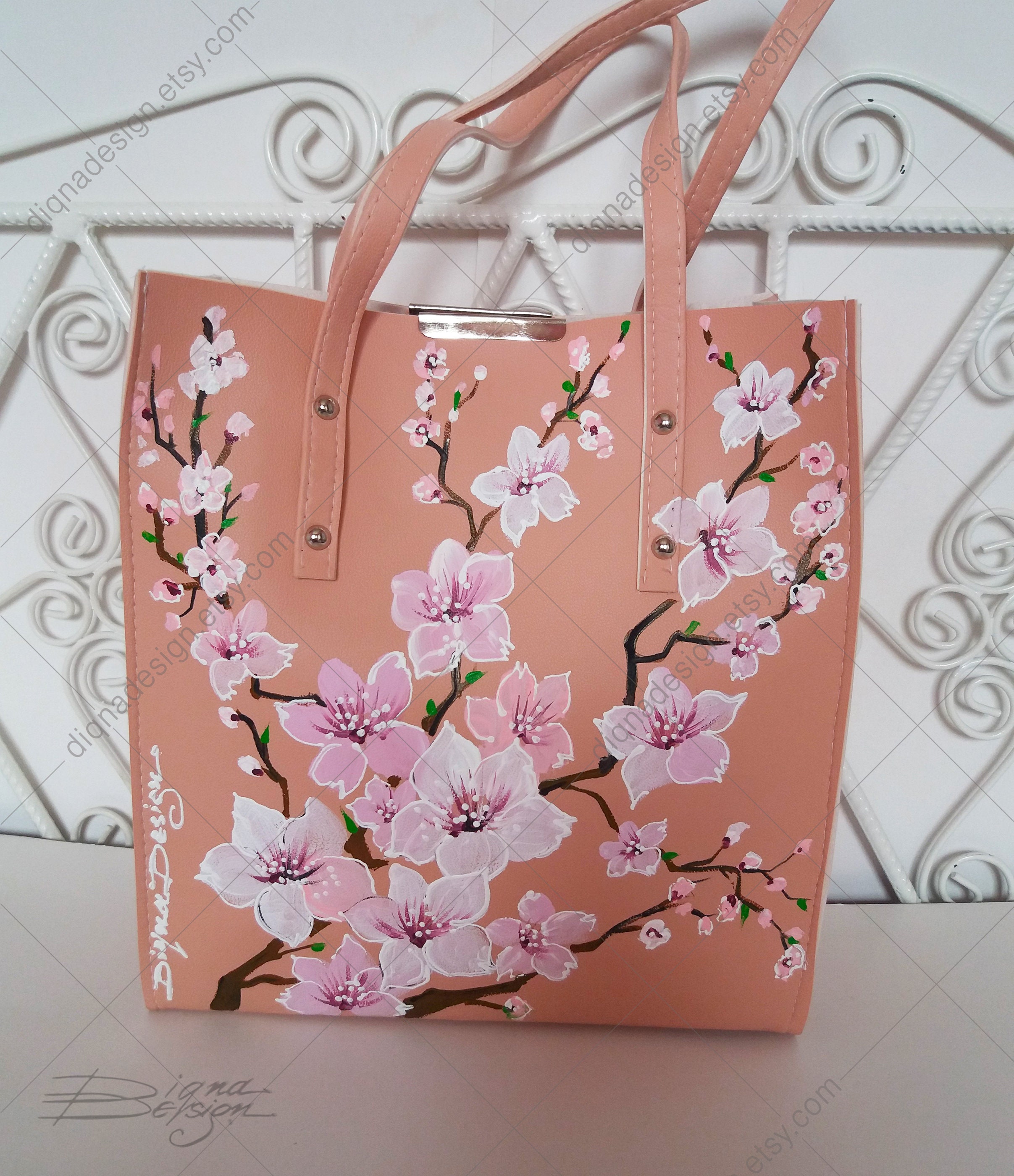 Hand Painted Bag, Sakura Bag, Feminine Bag, Hanpainted Coral Pink Handbag, Cherry Blossoms Bag, Sakura Shoulder Bag, Coral Bag, Sakura Art