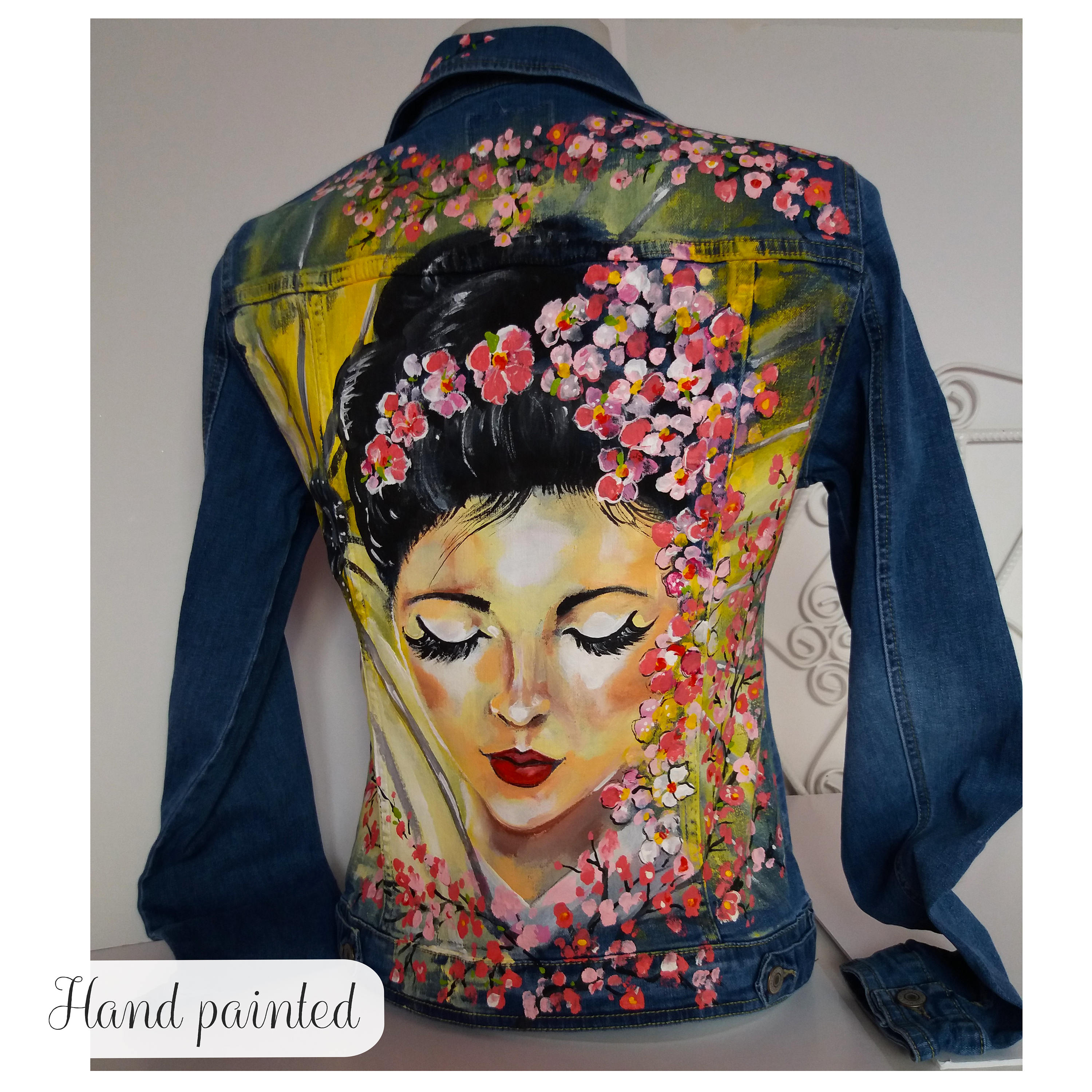 Hand Painted Jean Jacket Japanese Style Jacket Sakura Tree Etsy
