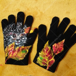 Hedgehog Gloves, Winter Gloves, Gloves For Kids and Adults, Hand Painted Gloves, Hedgehog Winter Gloves, Hedgehog Art