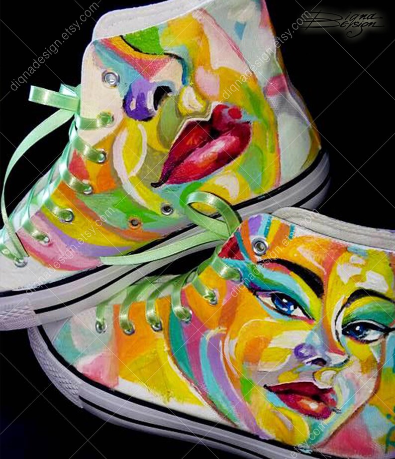 Pop-Art Shoes Pop Art Sneakers Painted Hi-Tops Polygonal Face Painted Face Hand Painted Sneakers Handpainted Hi Tops Geometric Face