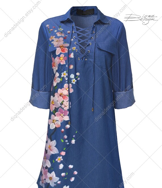 sakura denim dress Hand-Painted Cherry Blossom Denim Tunic Dress