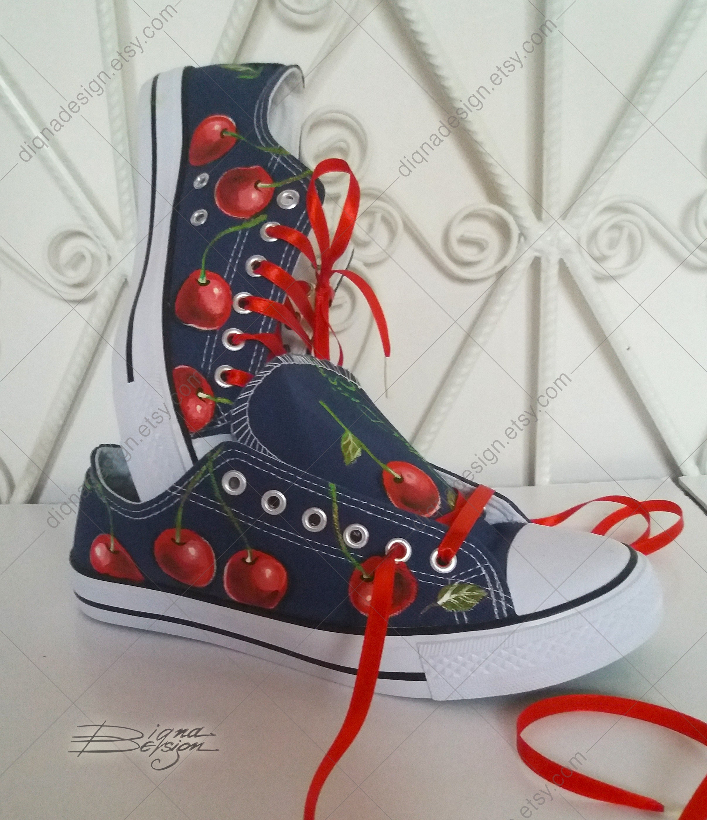 CHERRY ART Hadpainted Shoes Cherries Shoes Cherry Sneakers - Etsy UK