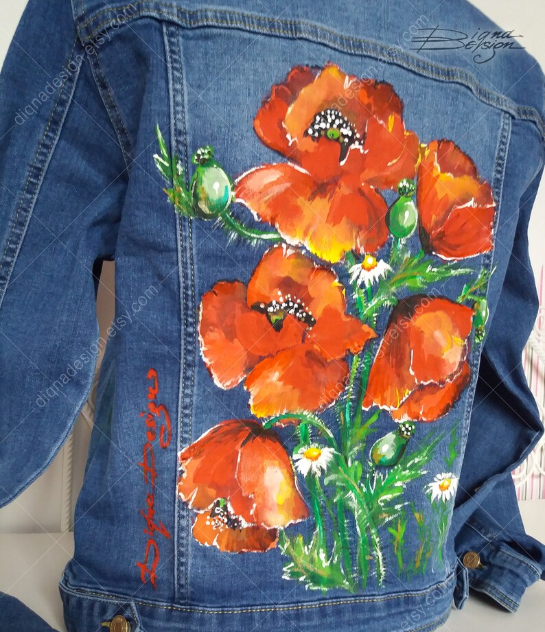 Custom Order Hand painted Jean Jacket Poppies Jacket Poppy | Etsy