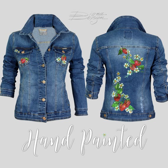 Jean Jacket with Hand Painted Strawberry Strawberry Denim Jacket Handpainted Jacket Jean Jacket Handpainted Strawberries Daisies Jacket