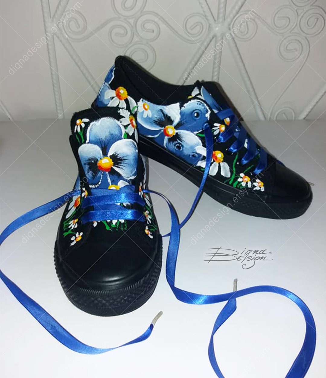 Violets Sneakers, Violet Flowers Shoes, Hand Painted Shoes, Black and