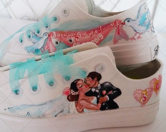 Sneakers de mariage, Chaussures peintes à la main, Chaussures de mariée personnalisées, baskets de mariée, Art de baskets de mariée, chaussures de mariée peintes