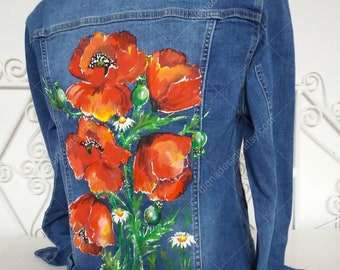 Hand-painted Poppy Denim Jacket: Floral Jean Jacket - Etsy
