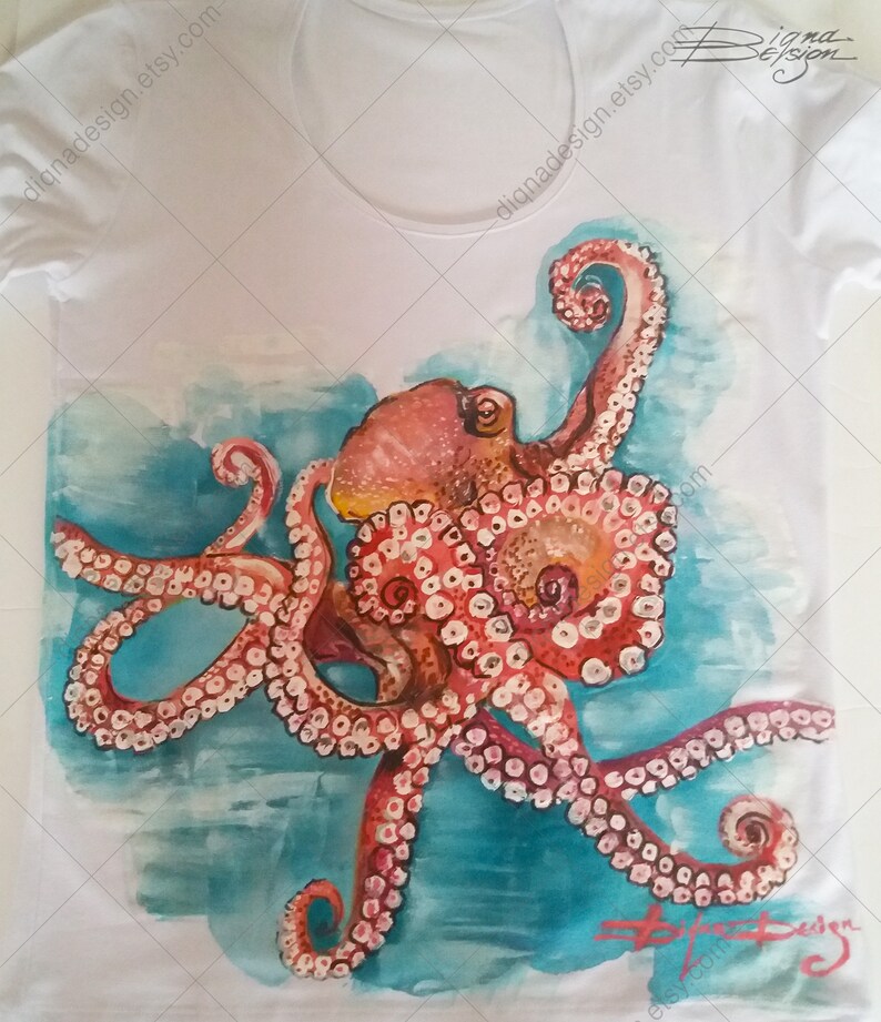 Handmålad bläckfisk-T-shirt: Original konst-T-shirt bild 5