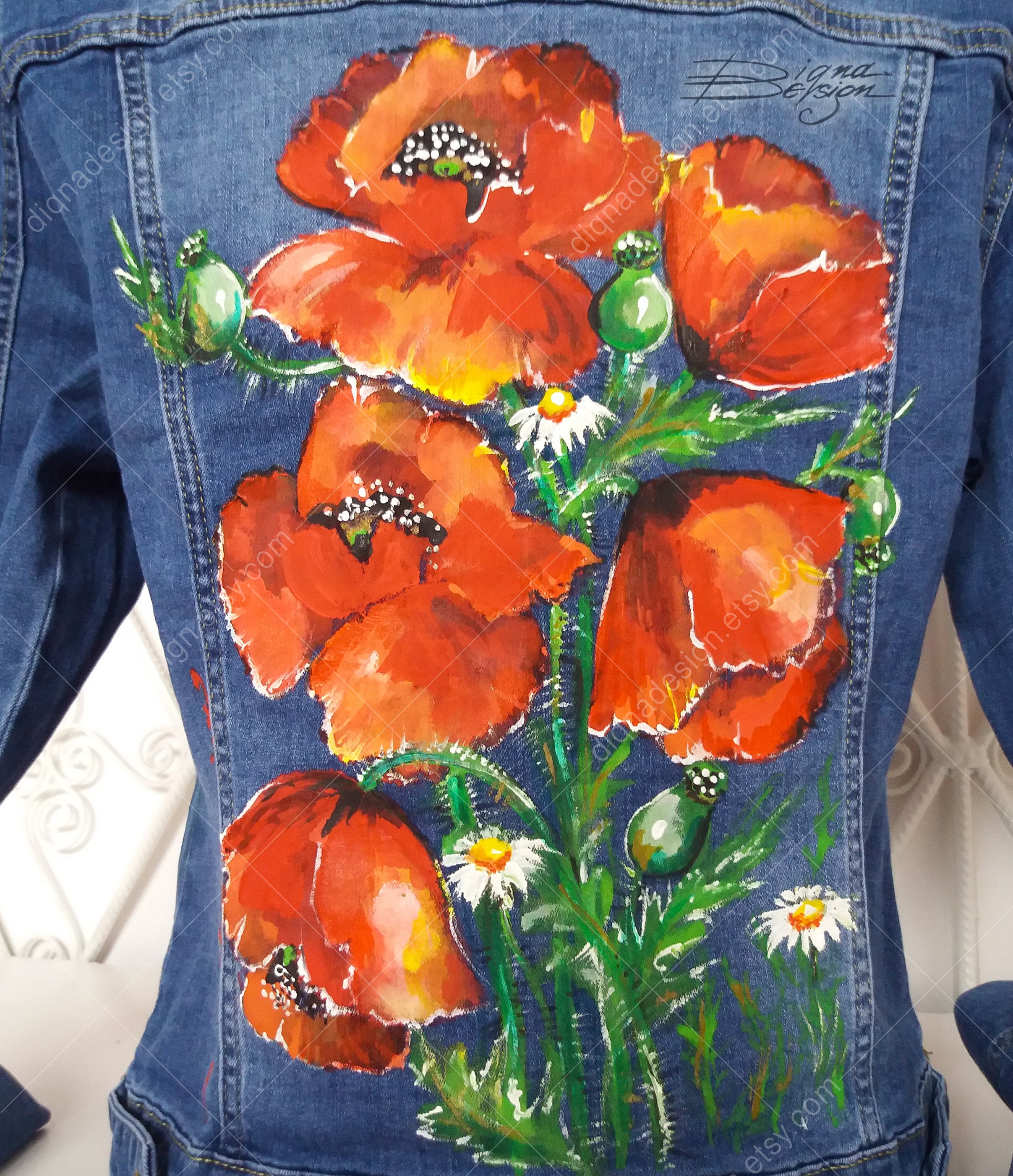 Hand-painted Poppy Denim Jacket: Floral Jean Jacket - Etsy