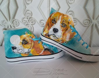 Beagle Sneakers, Hand Painted Sneakers, Beagle Hi Tops, Handpainted Shoes, Dog Footwear, Hand Painted Dog Shoes, Dog Sneakers, Dog Shoes Art