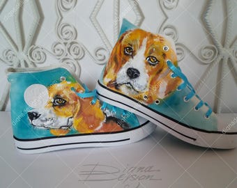 Beagle Sneakers, Hand Painted Sneakers, Beagle Hi Tops, Handpainted Shoes, Dog Footwear, Hand Painted Dog Shoes, Dog Sneakers, Dog Shoes Art