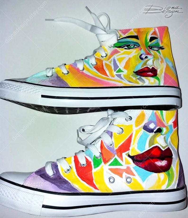 Pop-Art Shoes Pop Art Sneakers Painted Hi-Tops Polygonal Face Painted Face Hand Painted Sneakers Handpainted Hi Tops Geometric Face