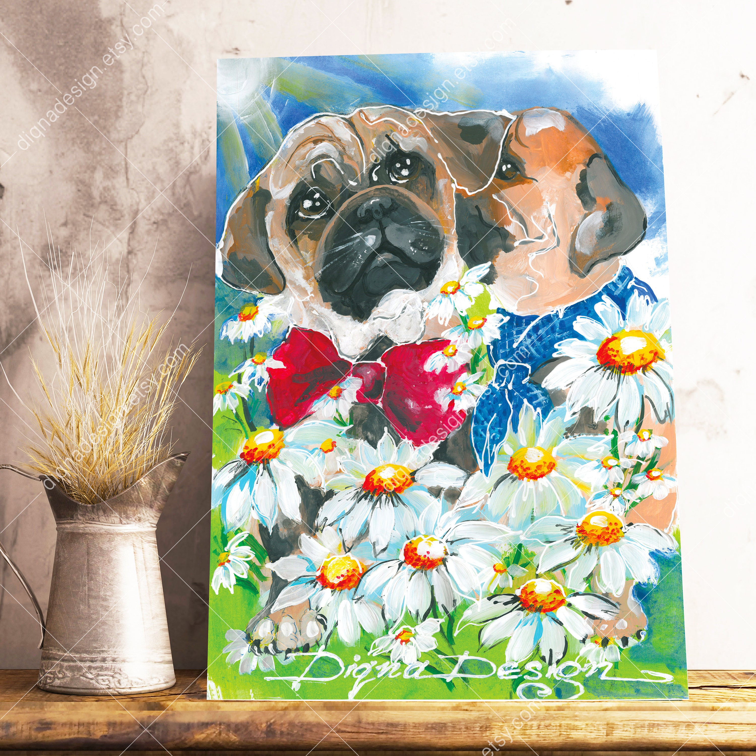 オリジナルパグ犬アクリル絵画：A3ポートレートアート - Etsy 日本