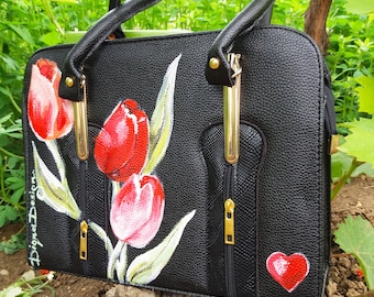 TULIPS ART, Hadpainted Tulips Bag, Tulip Bag, Eavning Handbag, Summer Bag, Handpainted  Tulips Bag, Black and Red Bag, Hand Painted Bag