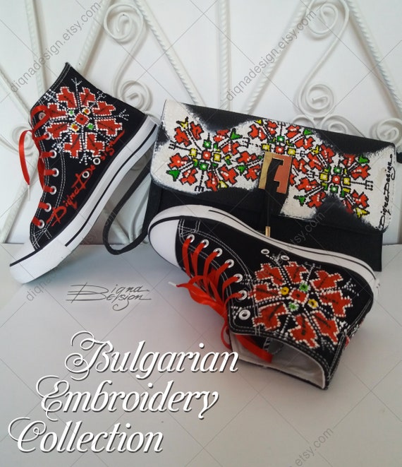 Embroidery Sneakers, Hand Painted Hi Tops, Bulgarian