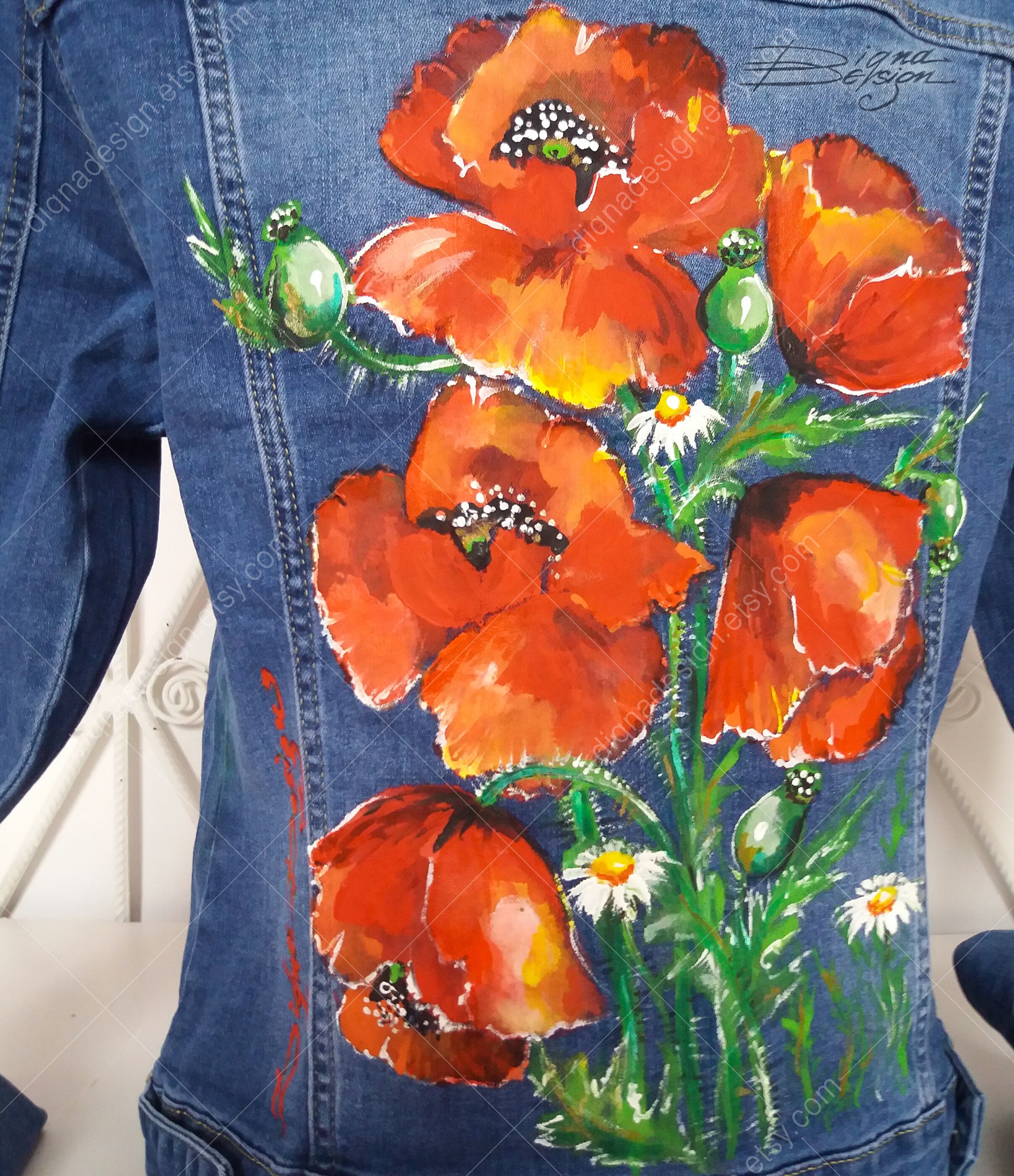 Hand-painted Poppy Denim Jacket: Floral Jean Jacket - Etsy