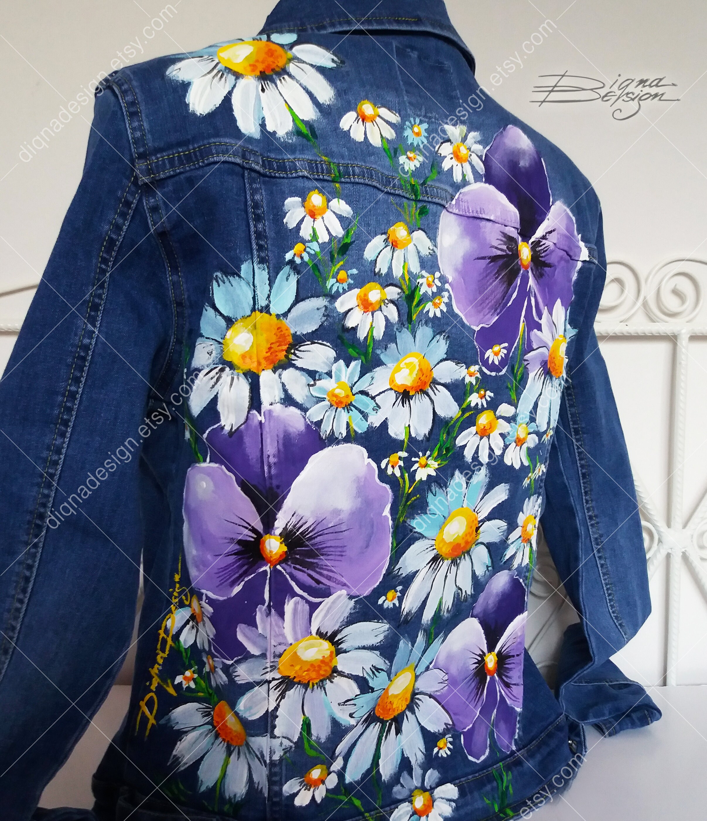 Hand-painted Denim Jacket: Violets & Daisies Floral Art - Etsy