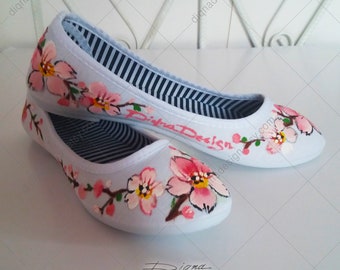 Cherry Blossoms Shoes, Hand Painted Sakura Shoes, Japanese Sakura Art, Cherry Blossoms Art, Handpainted Slip Ons, Floral Ballet Shoes