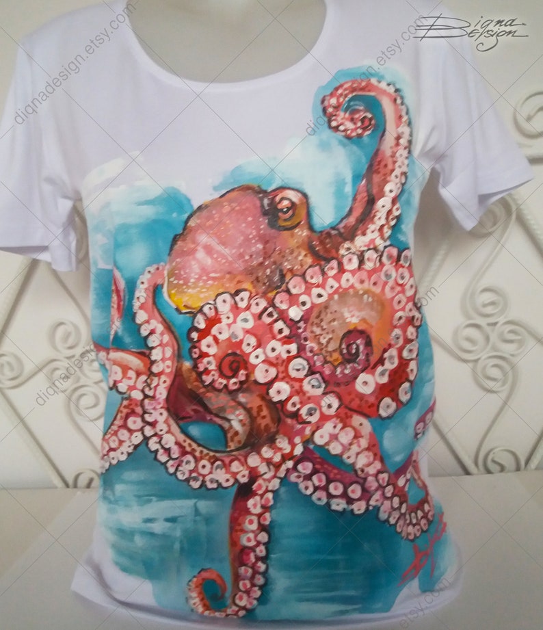 Handmålad bläckfisk-T-shirt: Original konst-T-shirt bild 4
