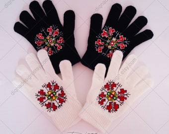 Handbemalte Winterhandschuhe: Ethno-bestickte Wollmischung