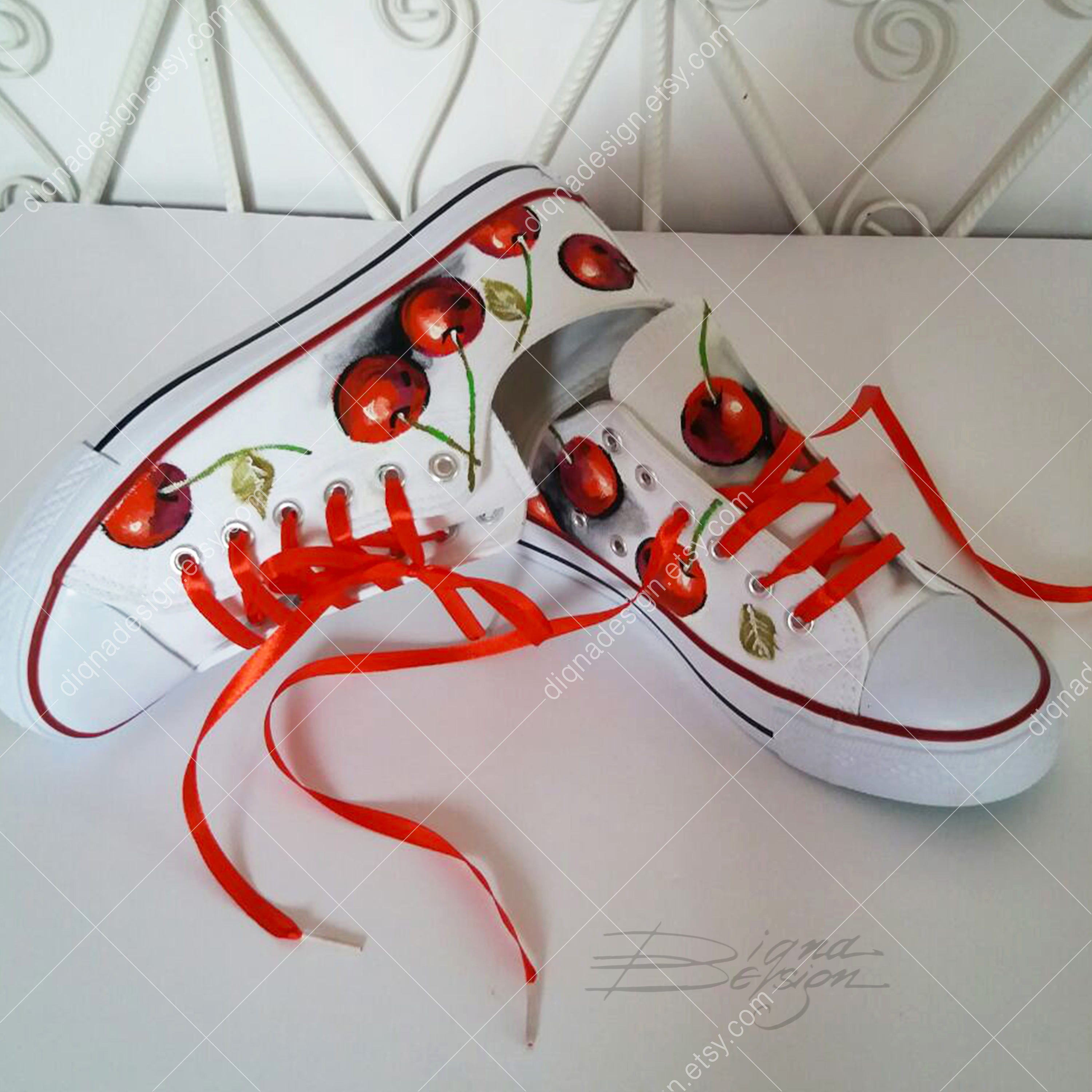 CHERRY ART Hadpainted Shoes Cherries Shoes Cherry Sneakers - Etsy UK