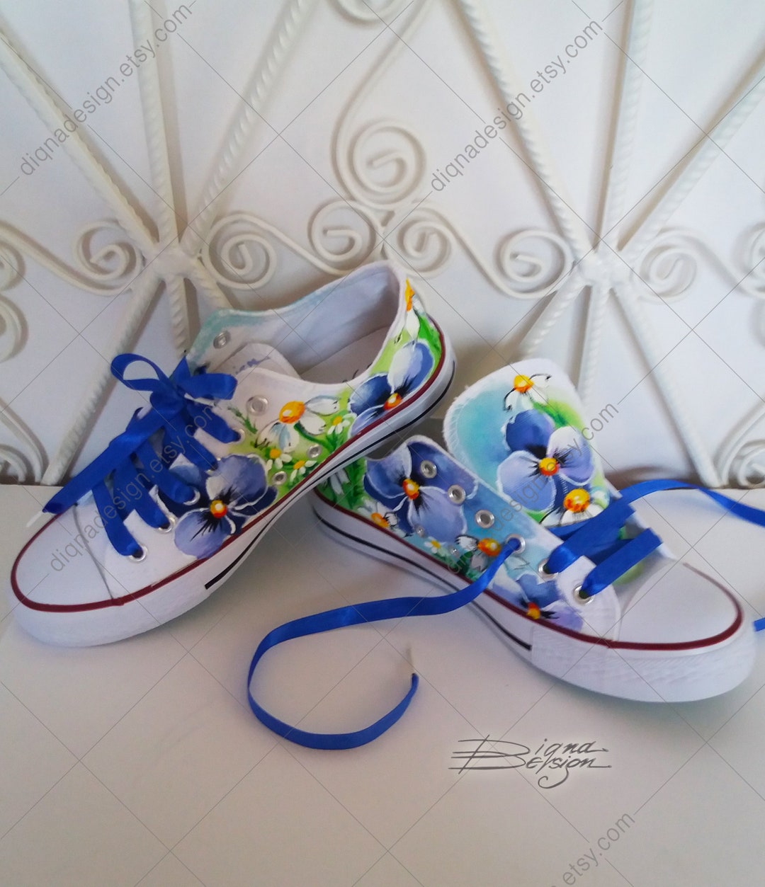 Violets Sneakers, Hand Painted Violets Shoes, Violets Art, Blue Violets