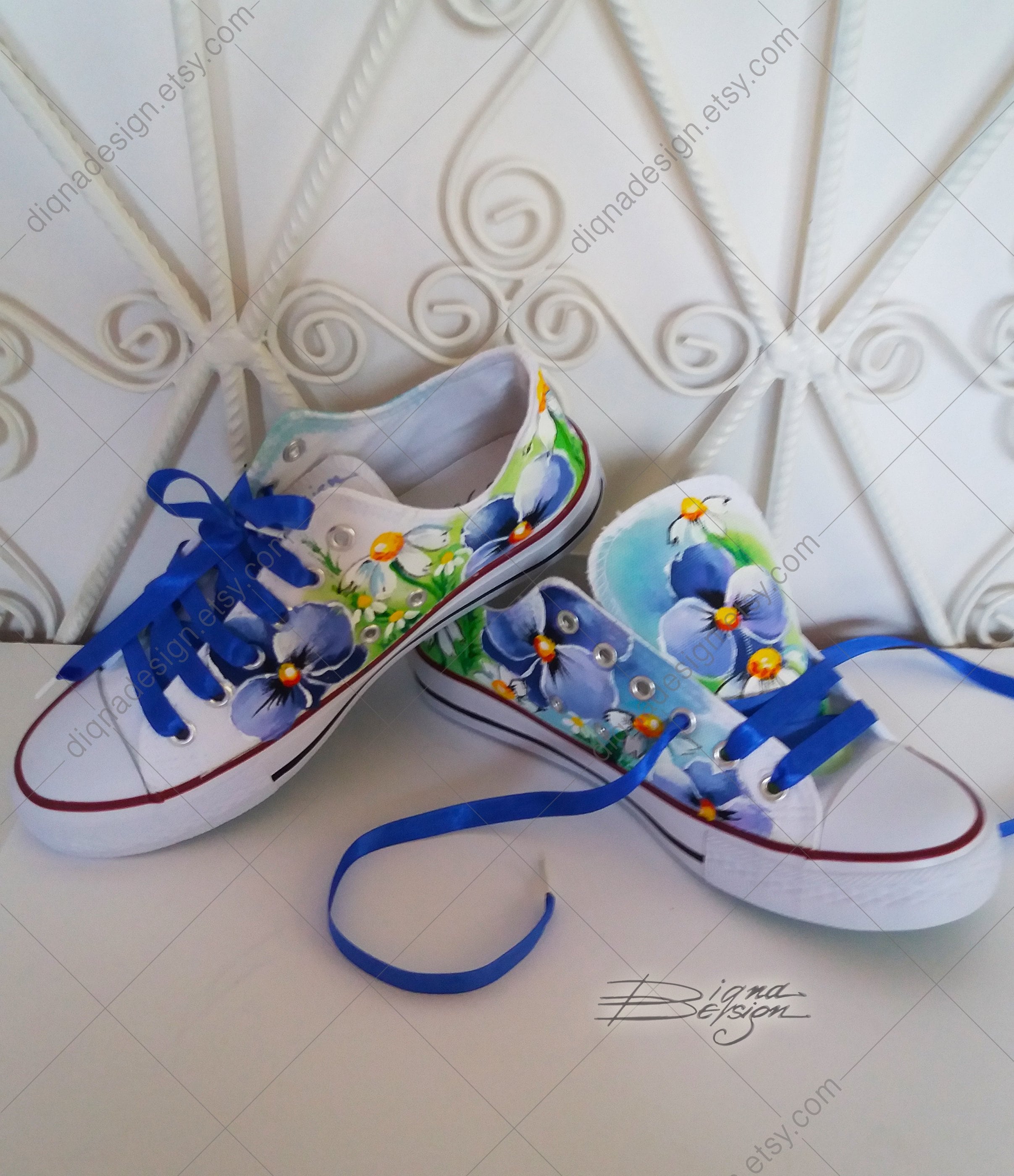 Violets Sneakers Hand Painted Violets Shoes Violets Art Blue Violets Shoes Handpainted Sneakers Etsy
