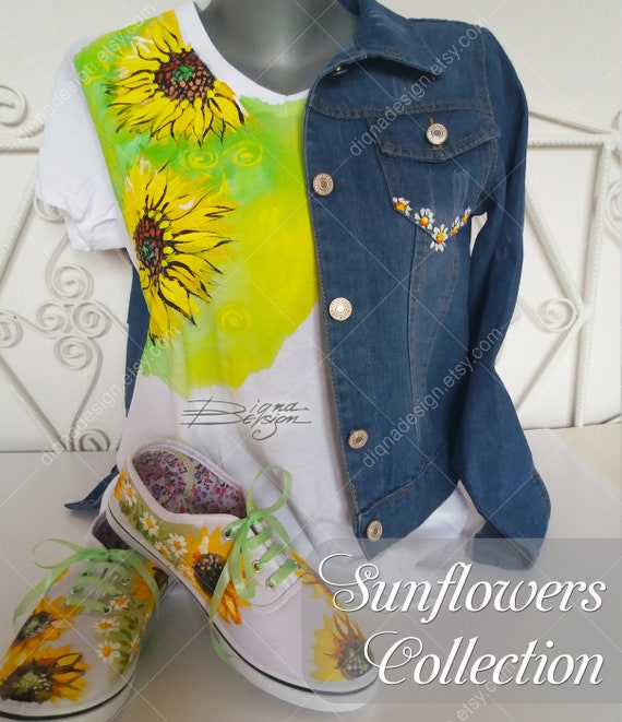 sunflower デニムジャケット Sunflower Jean Jacket, Hand Painted Jacket, Sunflowers