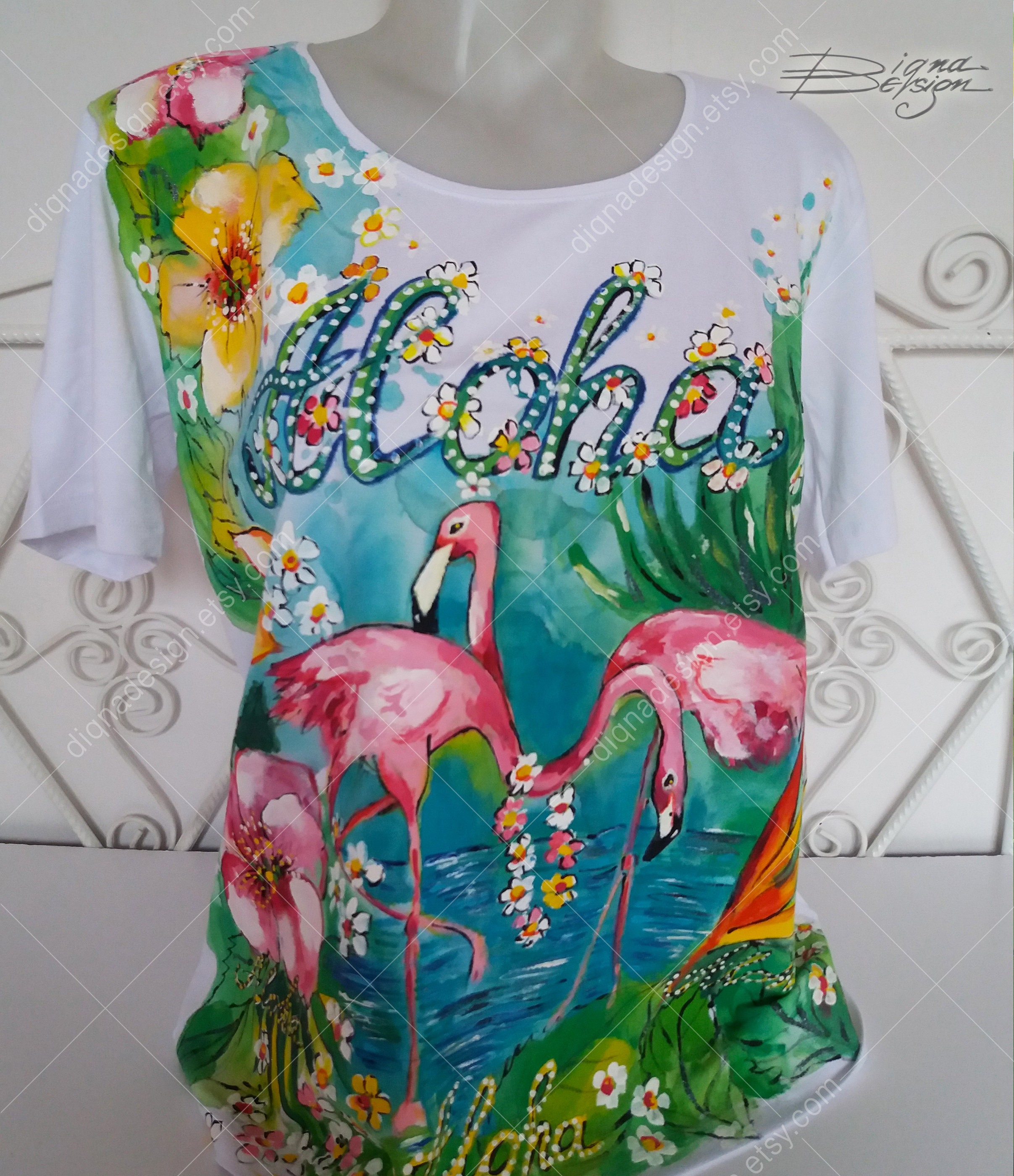 Tropical Blouse Handpainted Flamingo Blouse Aloha Tshirt - Etsy