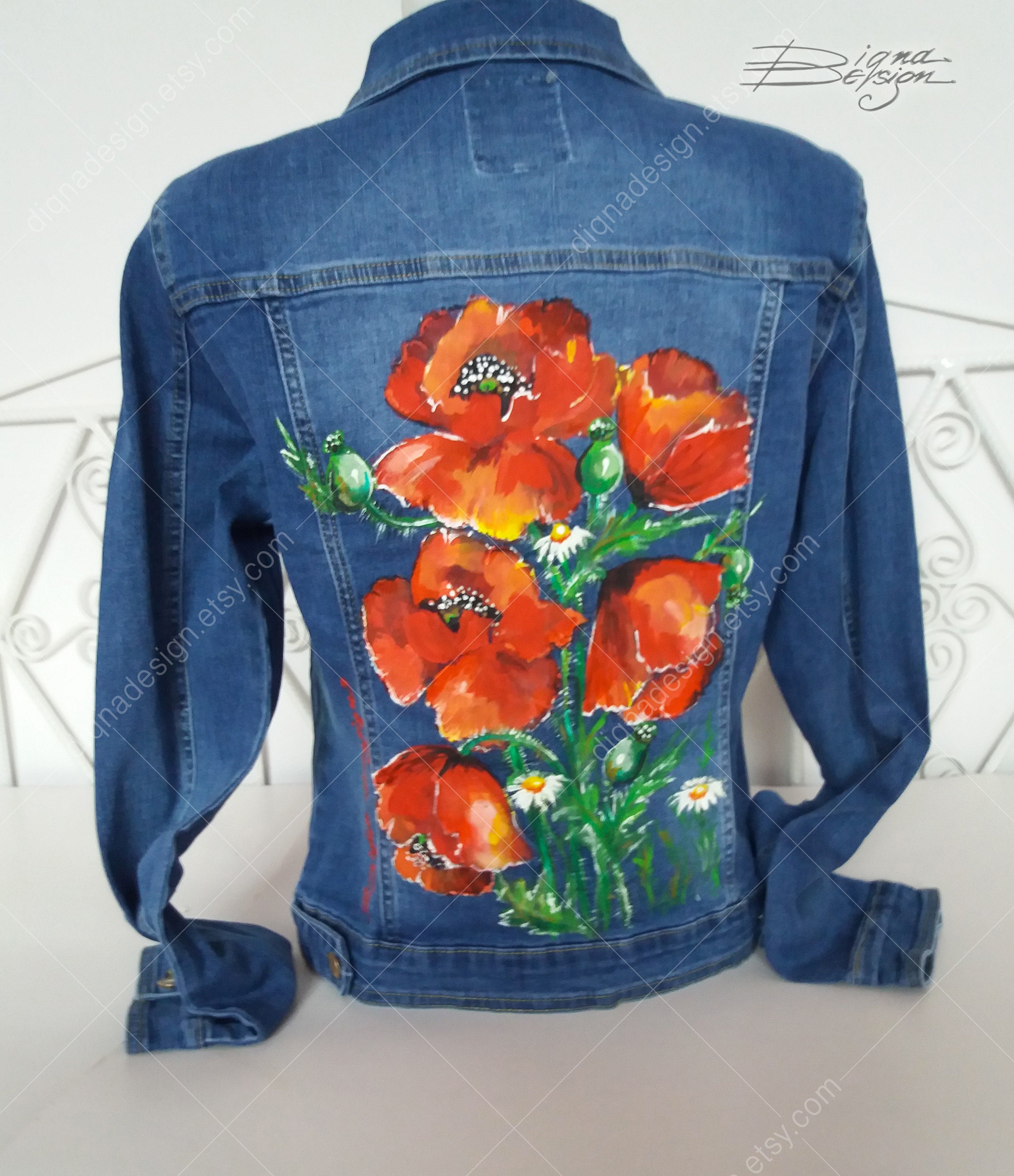 Custom Order Hand painted Jean Jacket Poppies Jacket Poppy | Etsy