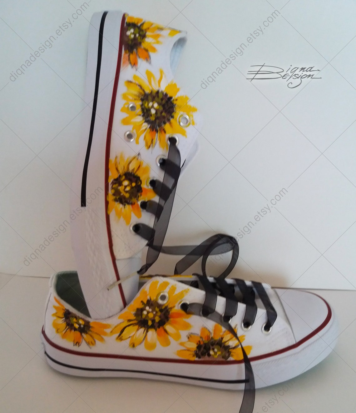 Drawing Sunflower Print Pattern Black Sneaker Shoes For Men Women