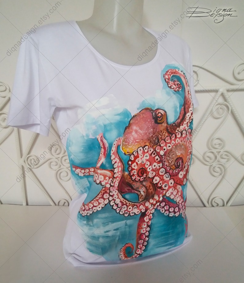 Handmålad bläckfisk-T-shirt: Original konst-T-shirt bild 2