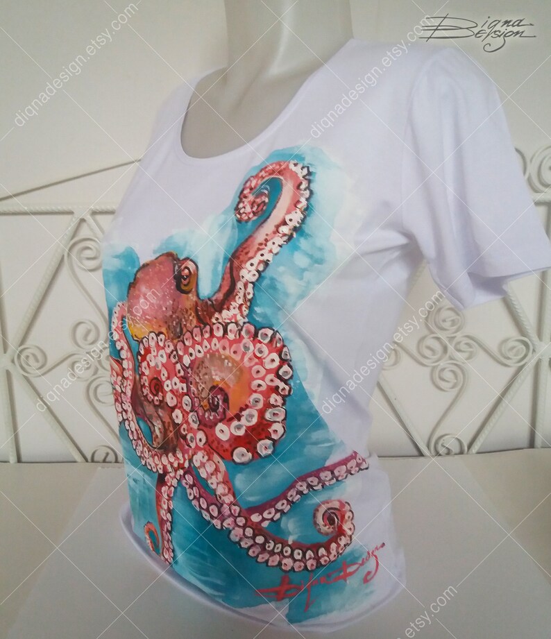 Handmålad bläckfisk-T-shirt: Original konst-T-shirt bild 3