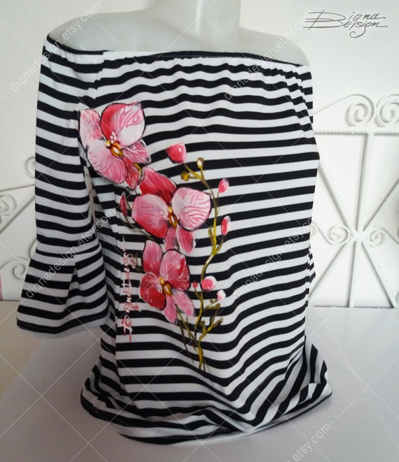 Hand-painted Orchid Blouse: Black and White Floral Shirt - Etsy
