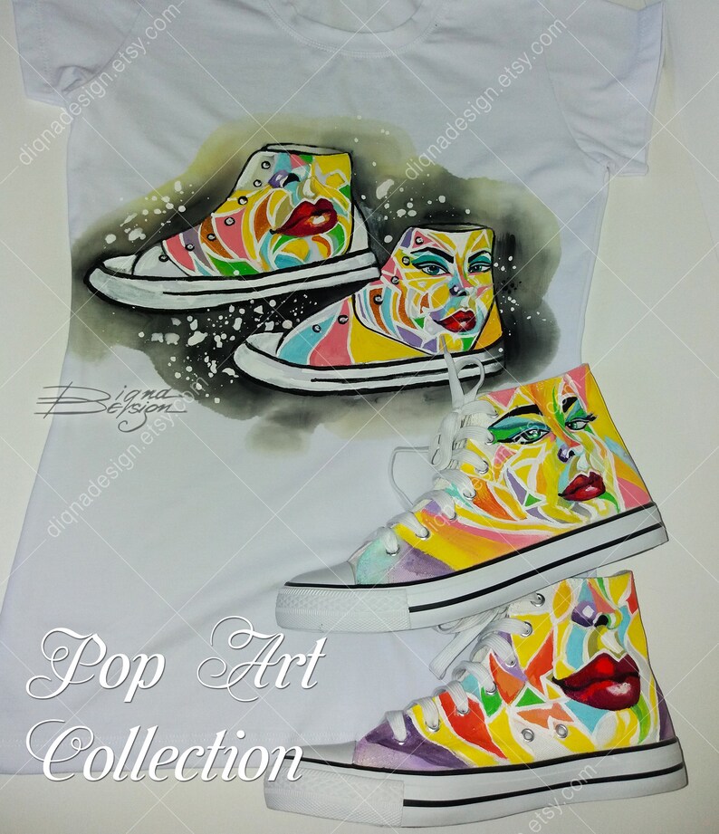 Pop-Art Shoes Pop Art Sneakers Painted Hi-Tops Polygonal Face Painted Face Hand Painted Sneakers Handpainted Hi Tops Geometric Face