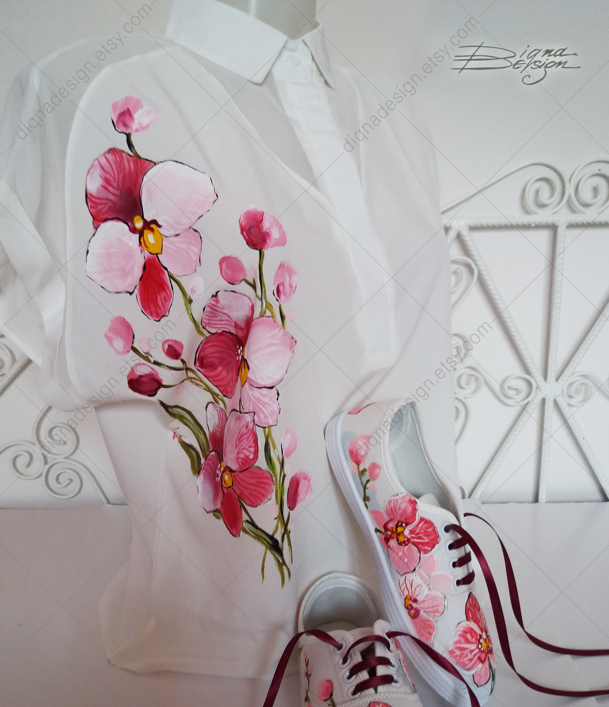 Hand-painted Orchid Blouse: Floral Chiffon Shirt - Etsy