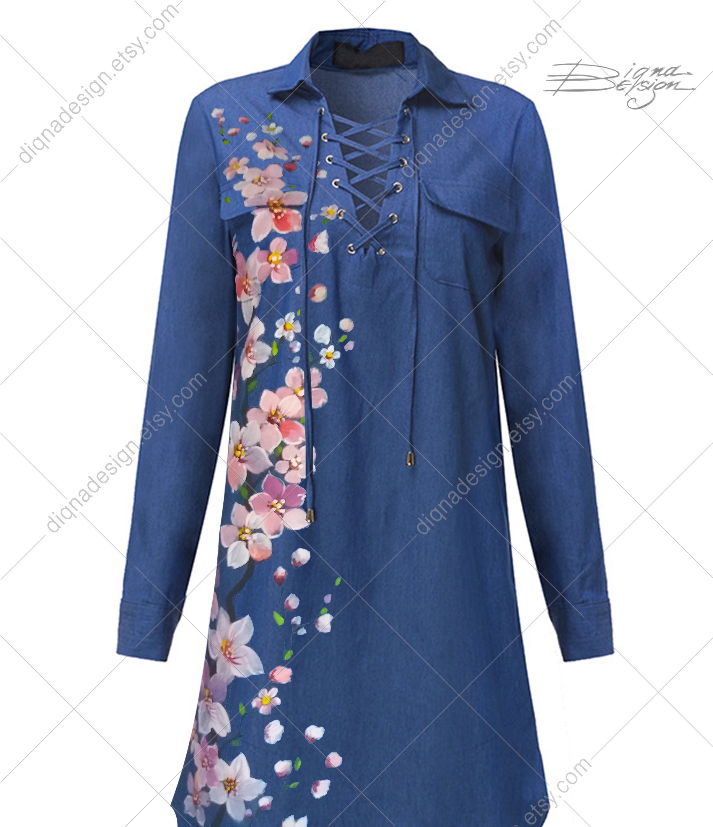 Hand-Painted Cherry Blossom Denim Tunic Dress