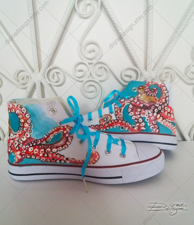 Octopus Sneakers, Hand Painted Sneakers, Octopus Hi Tops, Handpainted Shoes, Ocean Art Footwear, Hand shops Painted Shoes, Octopus Sneakers Art