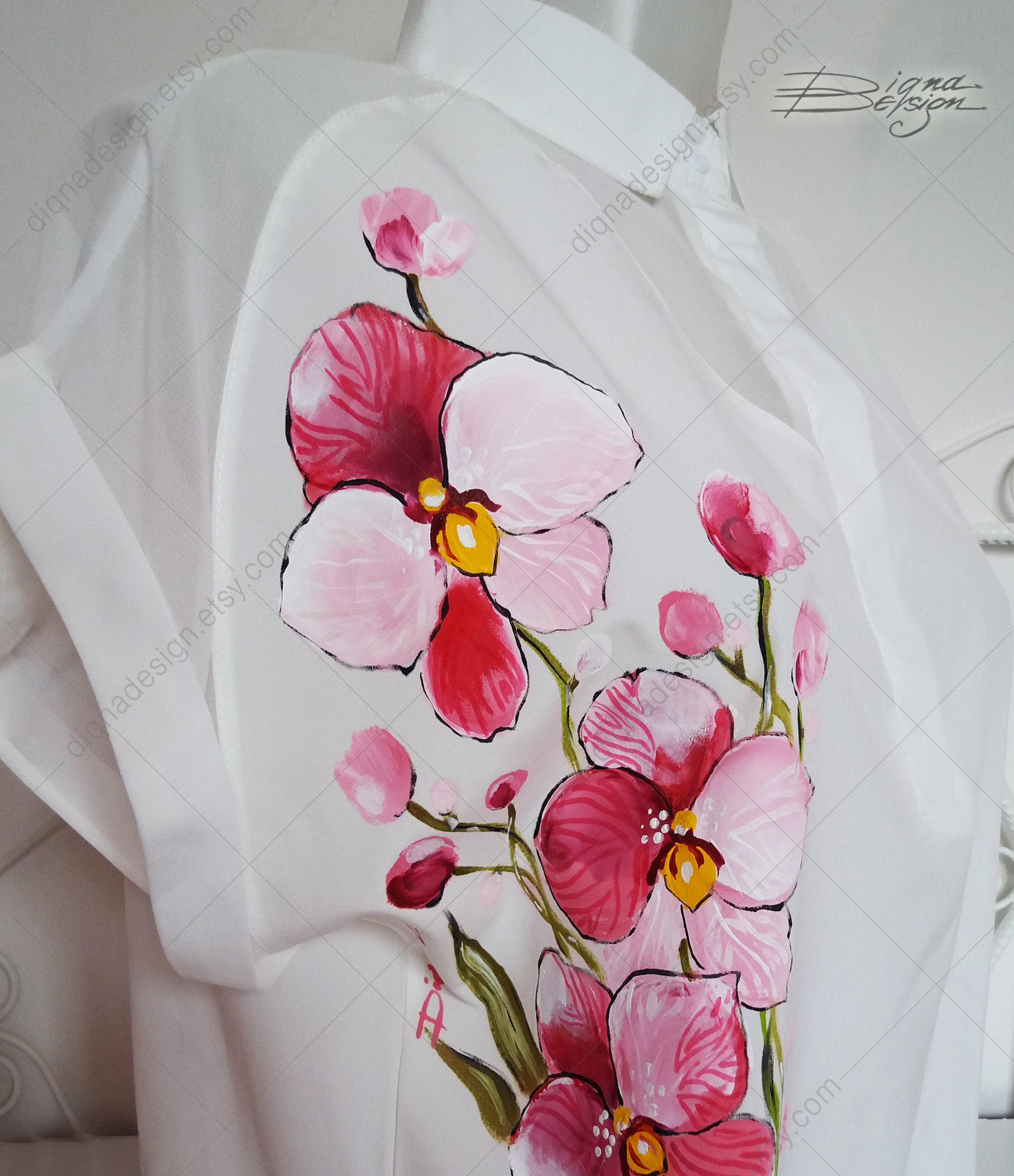 Hand-painted Orchid Blouse: Floral Chiffon Shirt - Etsy