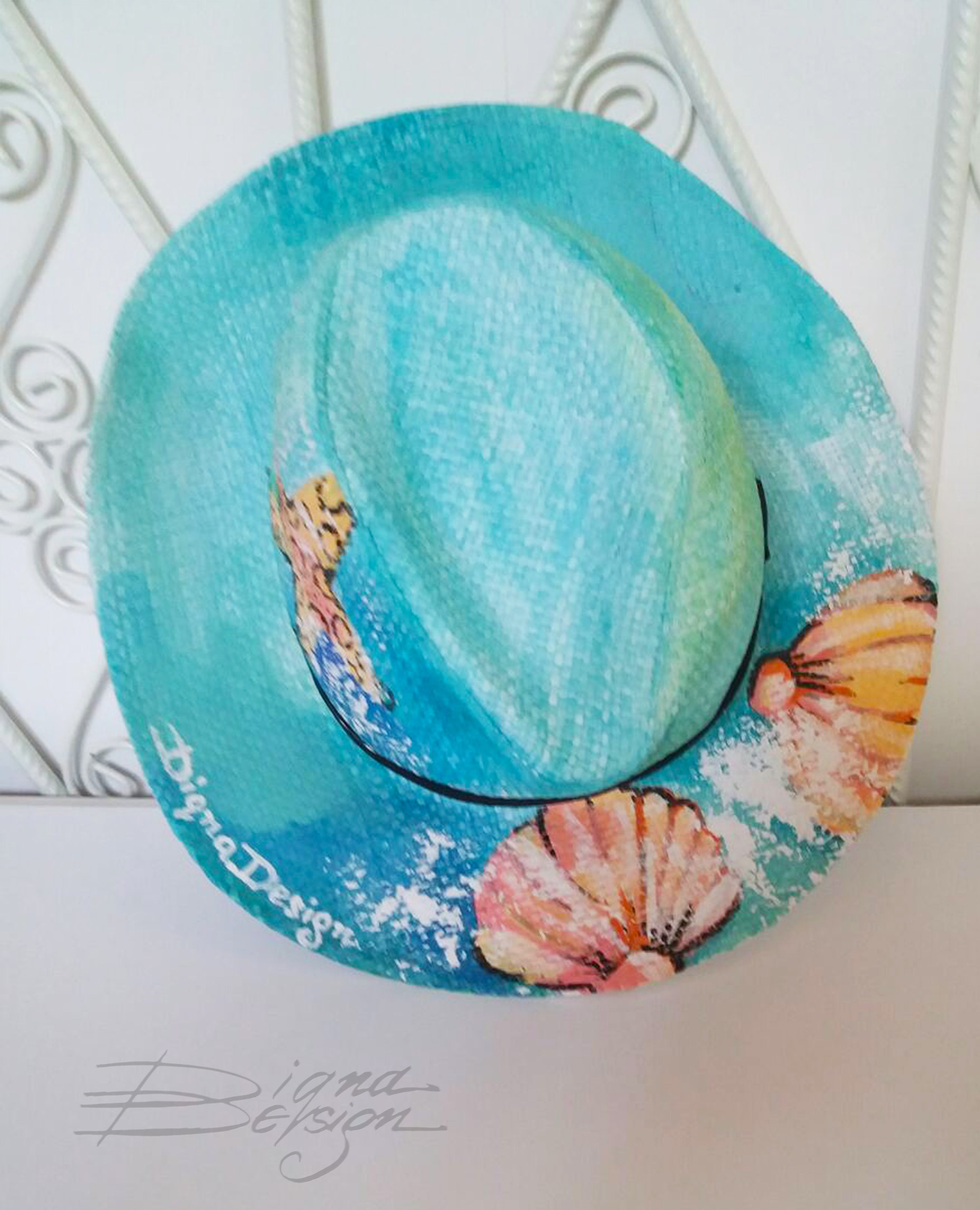 ? NWOT TORABASSO ITALY STRAW SUN HAT SEASHELL TURQUOISE ? Wide Brim Straw Sun Hat – Turquoise and Tan | Beach  main image 4