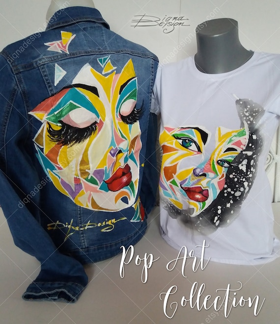 手描きポップアートジーンズジャケット：幾何学的な顔の服 - Etsy 日本