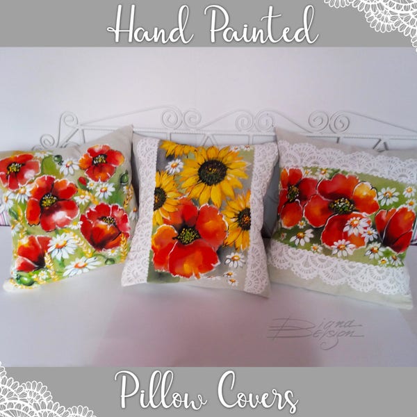 Handpainted Pillow Case, Poppies Pillow Covers, Hand Painted Flowers Decor, Home Decor, Pillow Cover, Poppies Decor, Sunflowers Decoration