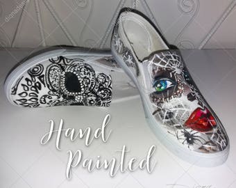 Sugar Skull Slip Ons, Hand Painted Shoes, Tattoo Shoes, Dia De Los Muertos Shoes, Day Of The Dead Slip-On Shoes, Handpainted Tattoo Sneakers
