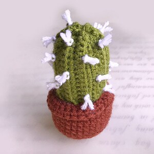 Peut inclure: Un petit cactus au crochet dans un pot marron. Le cactus est vert olive avec une texture côtelée et présente plusieurs petites touffes de fil blanc attachées à sa surface pour ressembler à des épines ou des fleurs, créant un aspect texturé.