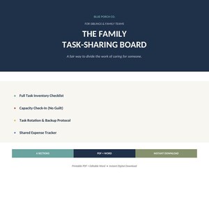 May include: A digital document titled The Family Task-Sharing Board by Blue Porch Co. for siblings and family teams. It features a task inventory checklist, capacity check-in, task rotation, and expense tracker in a printable PDF and Word format.