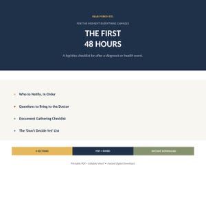 May include: A digital logistics checklist titled The First 48 Hours for after a diagnosis or health event. It features sections for Who to Notify, Questions to Bring to the Doctor, Document Gathering Checklist, and The Don't Decide Yet List.
